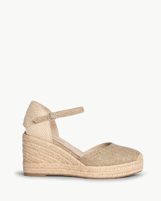 GLITTERED FABRIC WEDGE IN TAUPE