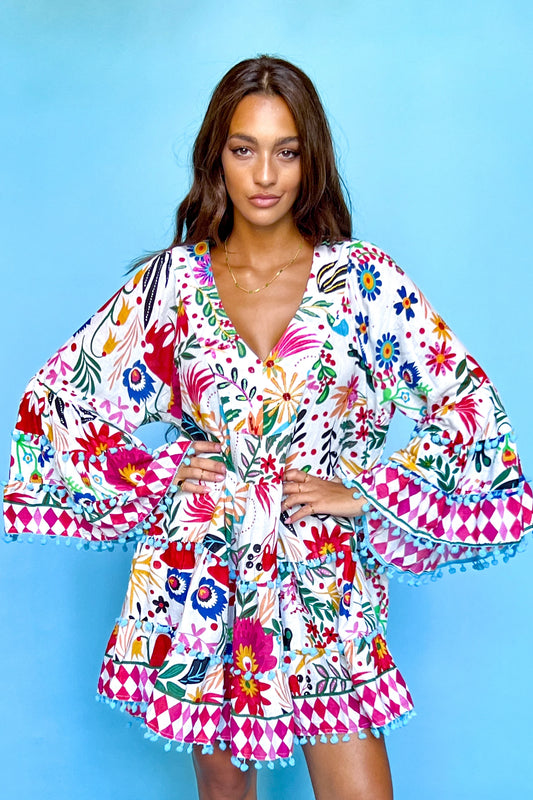 V NECK COLORFUL DRESS