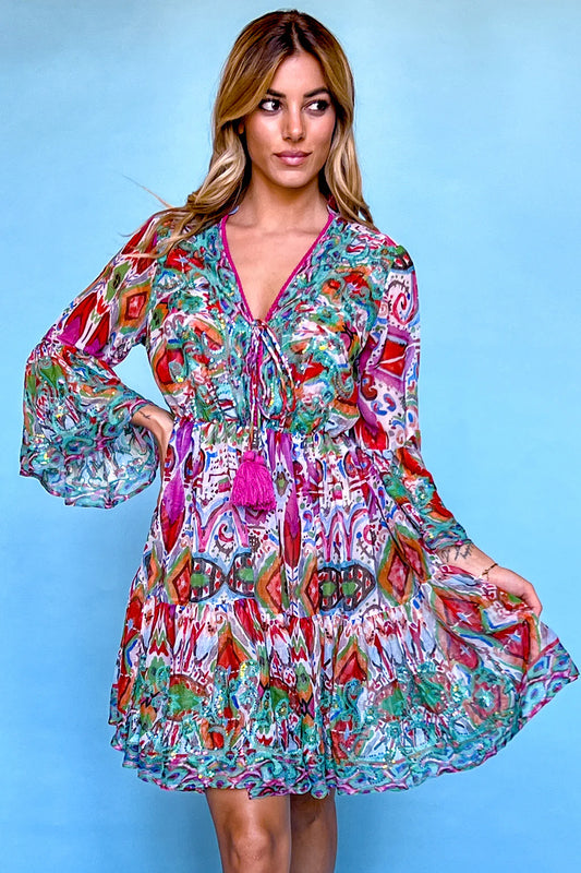 V NECK COLORFUL DRESS
