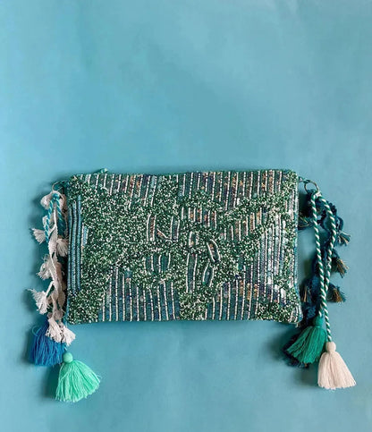 GREEN BEADED POUCH