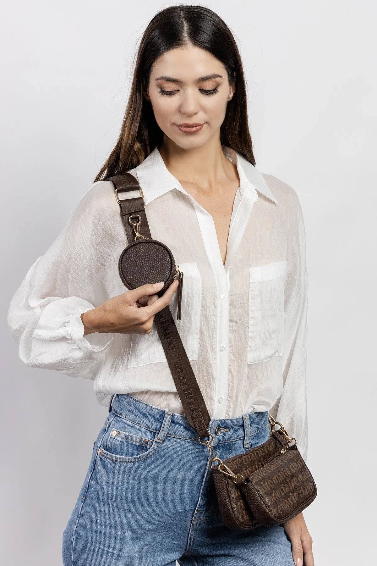 MONOGRAM CROSSBODY BAG IN BROWN-Cross-Body Bags-MARIE CLAIRE- Pointure.AE