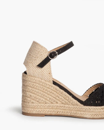 OPEN TOE WEDGE SANDALS IN BLACK-Espadrilles-CORINA- Pointure.AE