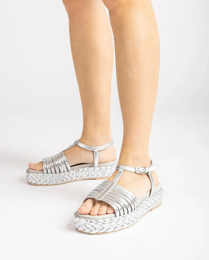 SANDAL WITH PLAITED BLOCK IN SILVER-Sandals-UNISA- Pointure.AE
