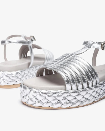 SANDAL WITH PLAITED BLOCK IN SILVER-Sandals-UNISA- Pointure.AE