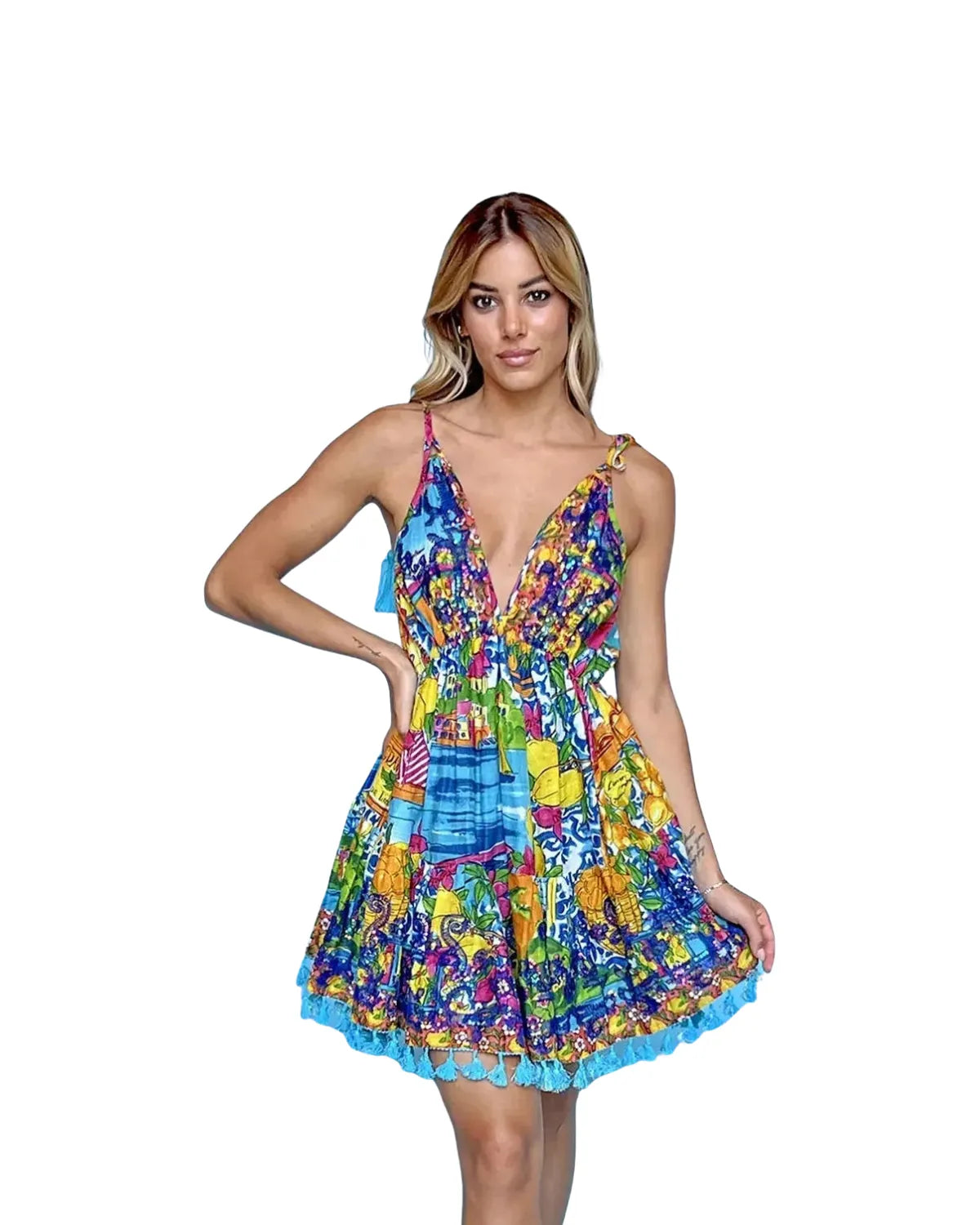 STRAPPED V NECK DRESS